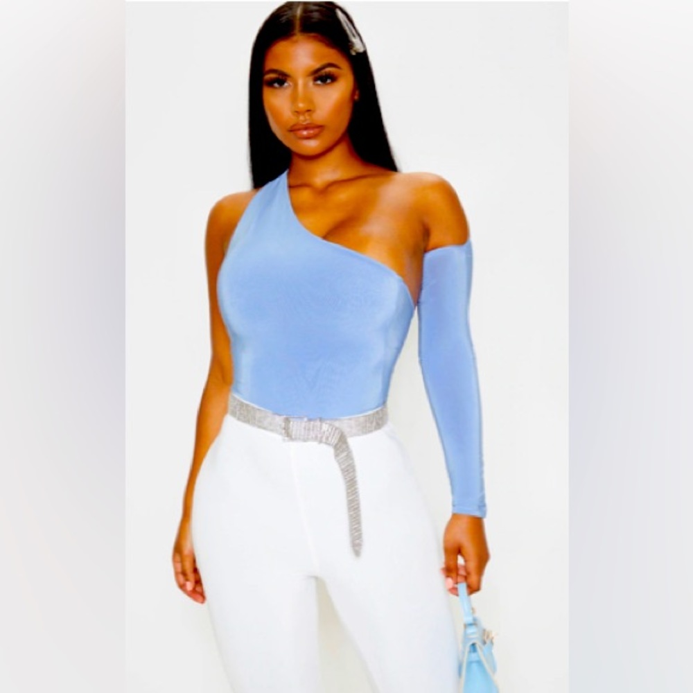 Pretty Little Thing Blue One Shoulder Asymmetric Bodysuit